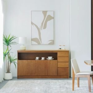Walnut Buffet Cabinet with Drawers & Shelves