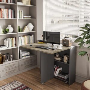 Modern Folding Work Desk with Bookshelf & Wheels