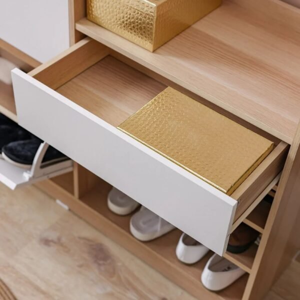 Shoe Cabinet with Open Shelves & Hooks – Oak & White Finish - Image 5
