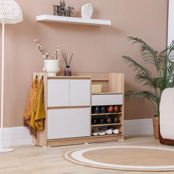 Shoe Cabinet with Open Shelves & Hooks – Oak & White Finish - Image 2