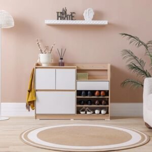 Shoe Cabinet with Open Shelves & Hooks – Oak & White Finish