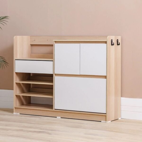 Shoe Cabinet with Open Shelves & Hooks – Oak & White Finish - Image 7