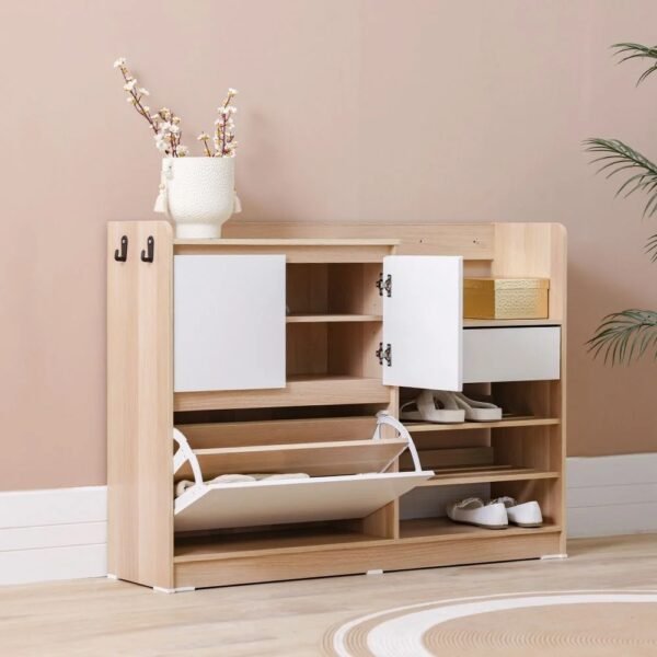 Shoe Cabinet with Open Shelves & Hooks – Oak & White Finish - Image 3