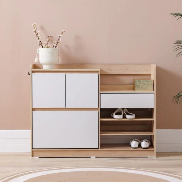 Shoe Cabinet with Open Shelves & Hooks – Oak & White Finish - Image 6