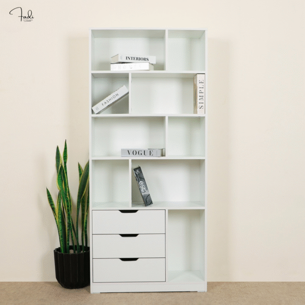 Modern White Bookrack with Drawers – Minimalist Display Shelf