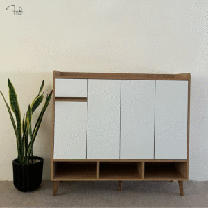 Modern Shoe Cabinet – White & Oak Multi-Door Organizer