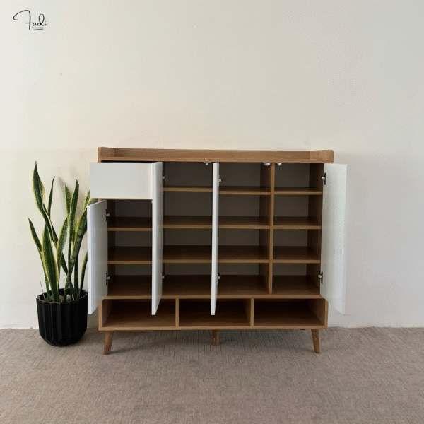 Modern Shoe Cabinet – White & Oak Multi-Door Organizer - Image 3