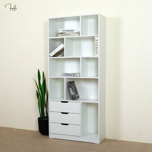 Modern White Bookrack with Drawers – Minimalist Display Shelf - Image 3