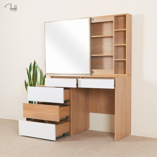 Modern Wooden Dressing Table with Mirror & Side Storage - Image 3