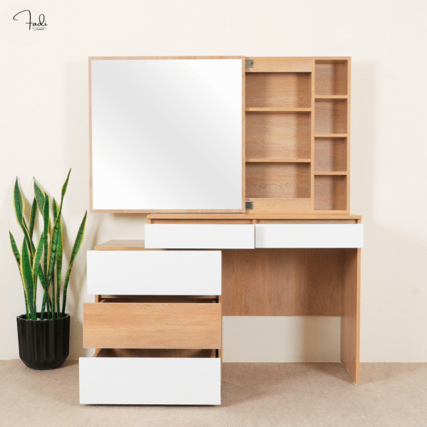 Modern Wooden Dressing Table with Mirror & Side Storage - Image 2
