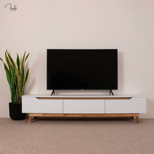 Modern White TV Stand with Wooden Legs – Clean Lines, Hidden Storage