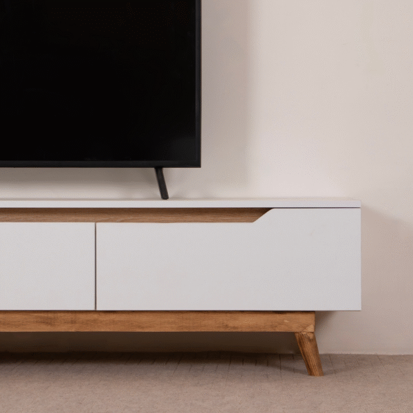 Modern White TV Stand with Wooden Legs – Clean Lines, Hidden Storage - Image 2