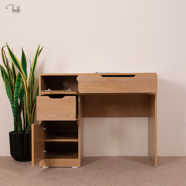Wooden Desk with Drawer, Cabinet & Open Shelf – Compact Function, Natural Look - Image 3